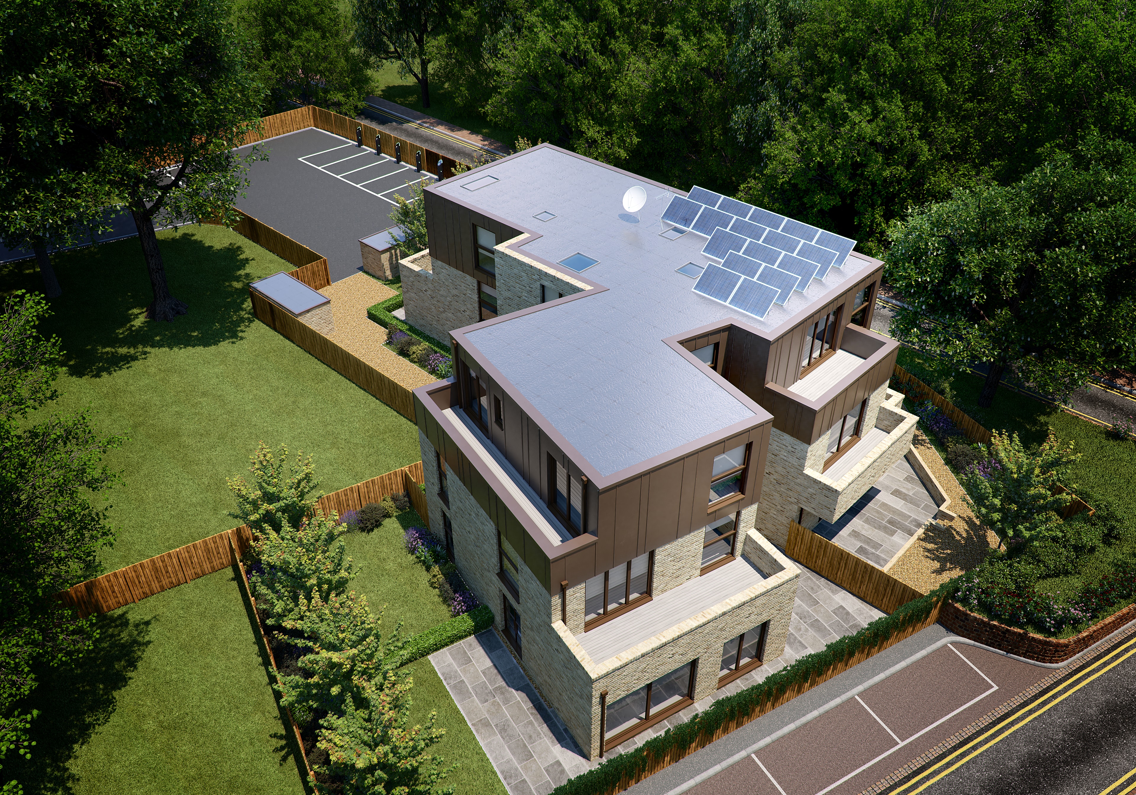 Colin Court — aerial CGI render showing solar panels on flat roof, landscaped grounds and car park with EV charging
