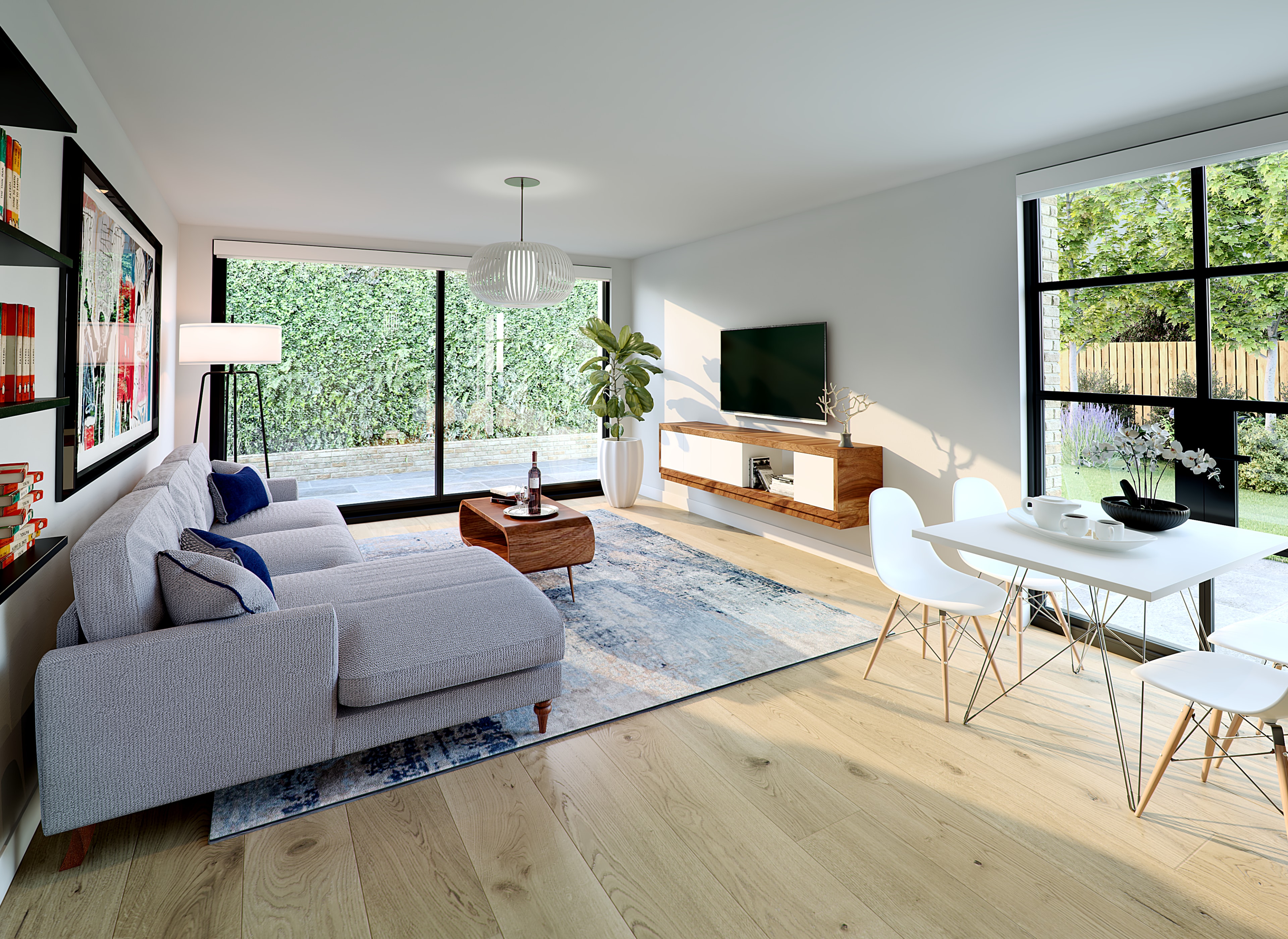 Colin Court — CGI open-plan living and dining room with oak flooring, large sliding doors and garden views