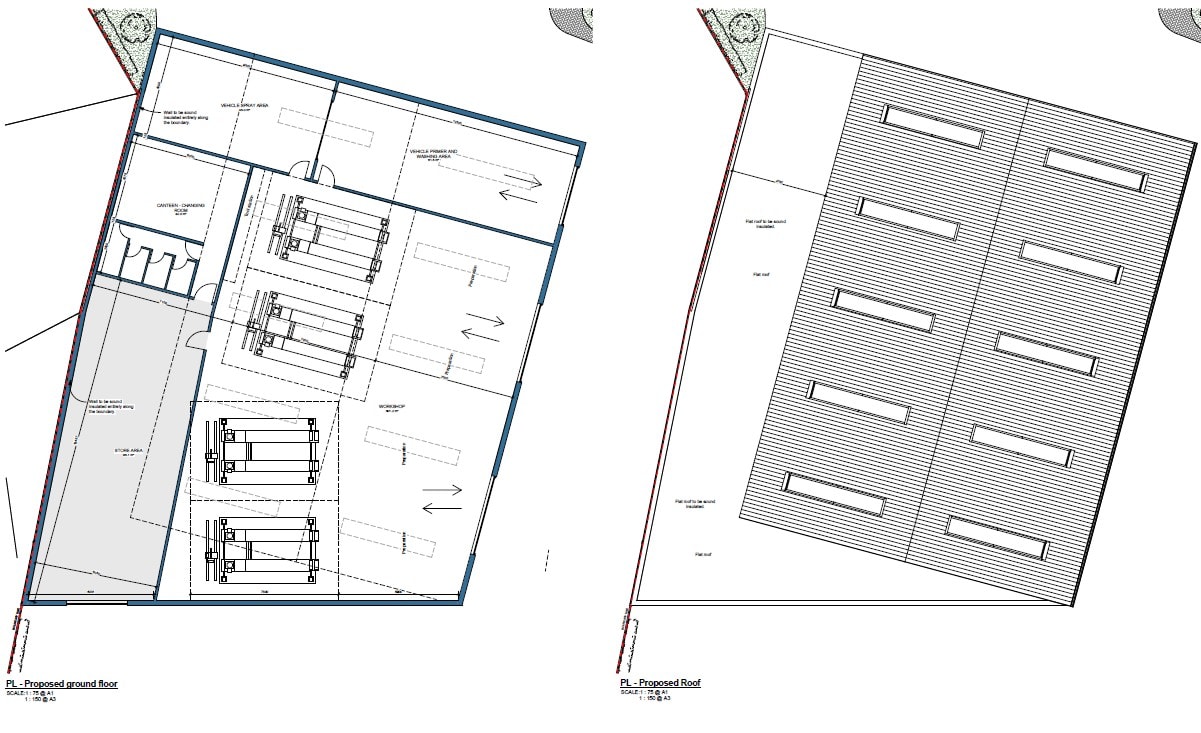 Craven Park Mews — proposed ground floor and roof plans showing new warehouse layout with vehicle bays, workshop, canteen and store