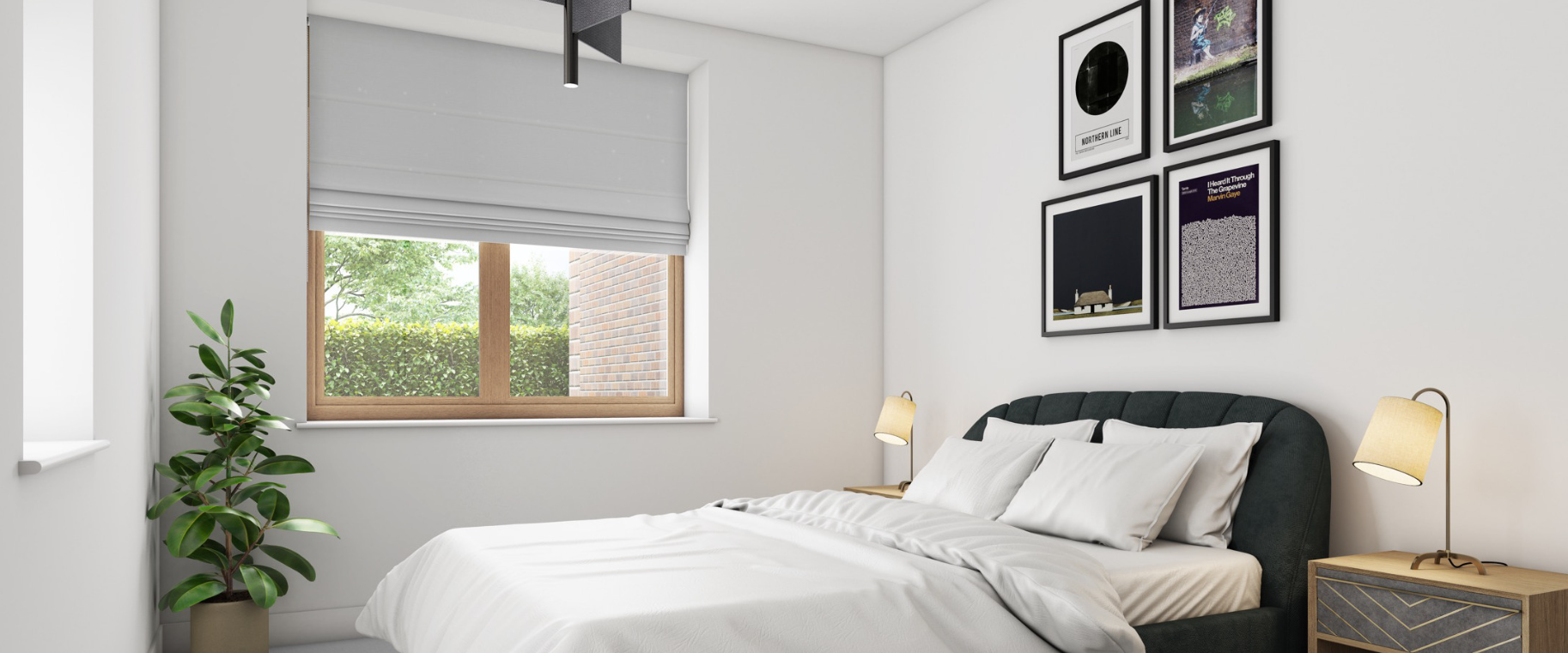 The Factory Apartments — CGI bedroom interior with floor-to-ceiling glazing and balcony access
