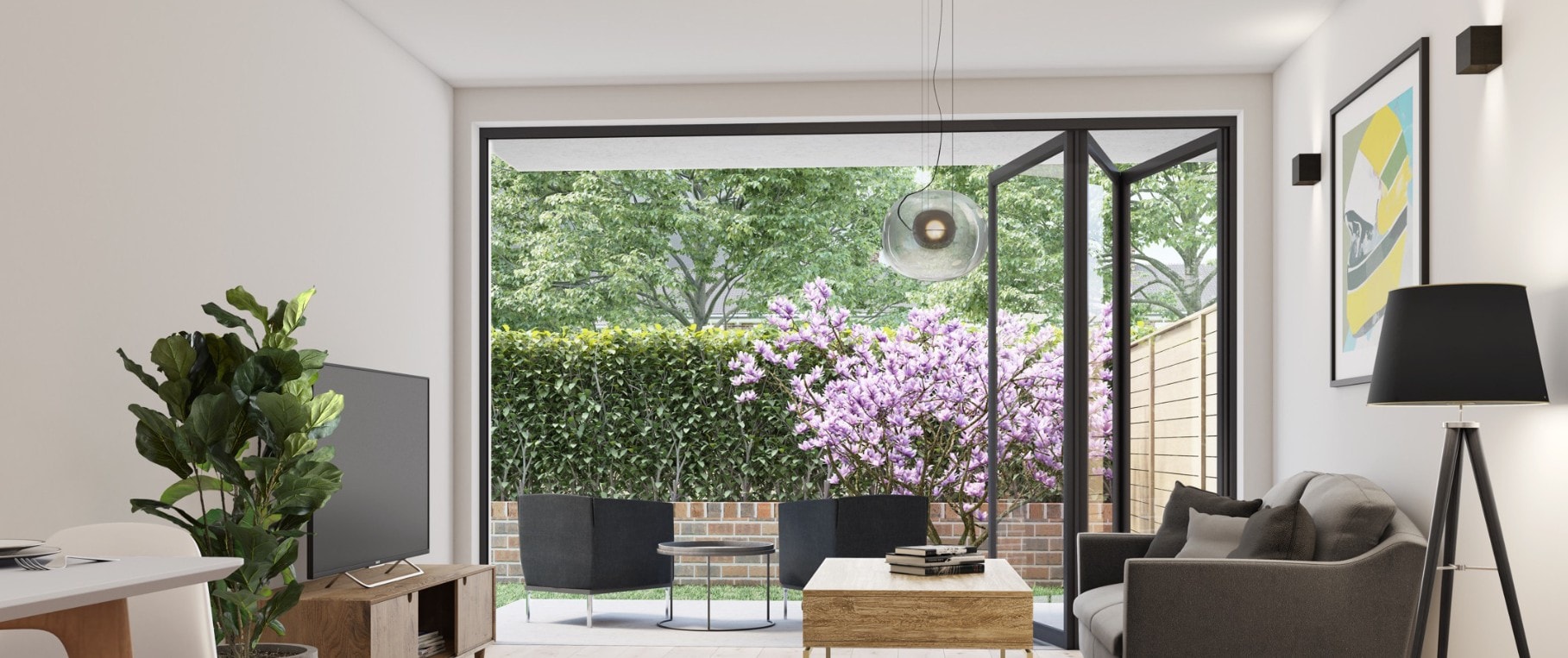 The Factory Apartments — CGI open-plan living space with glazed doors to balcony