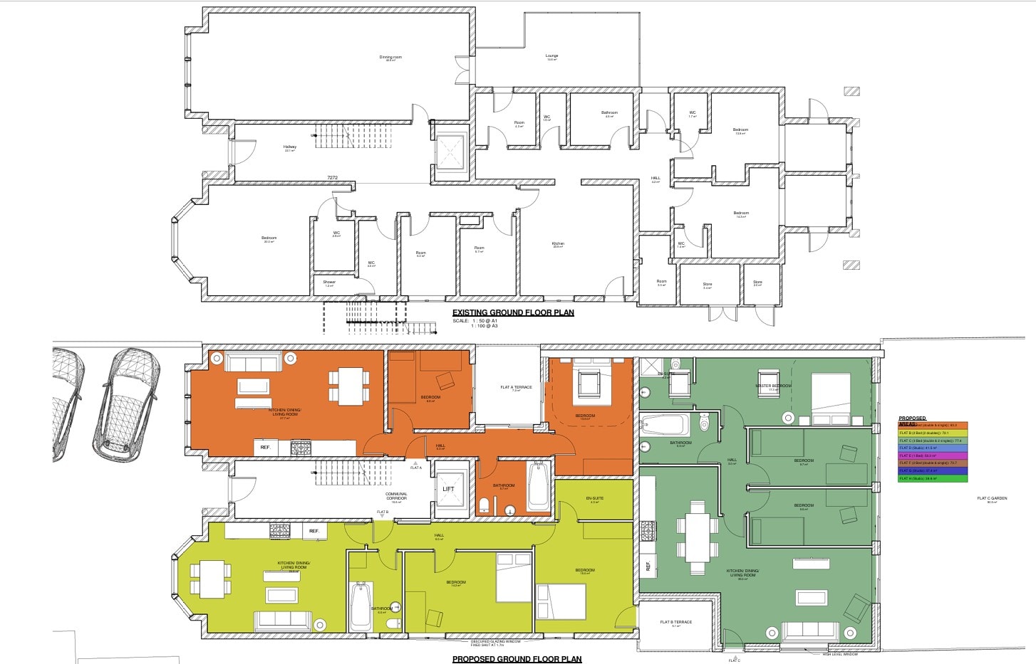 Gordon Road Ealing — approved floor plans showing existing ground floor layout and proposed colour-coded flat layouts for 8 self-contained units