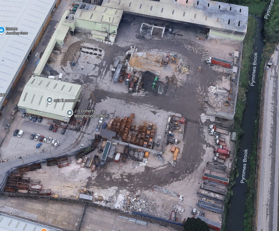 JOD Haulage — satellite view of the J O'Doherty site showing yard layout and Pymmes Brook boundary