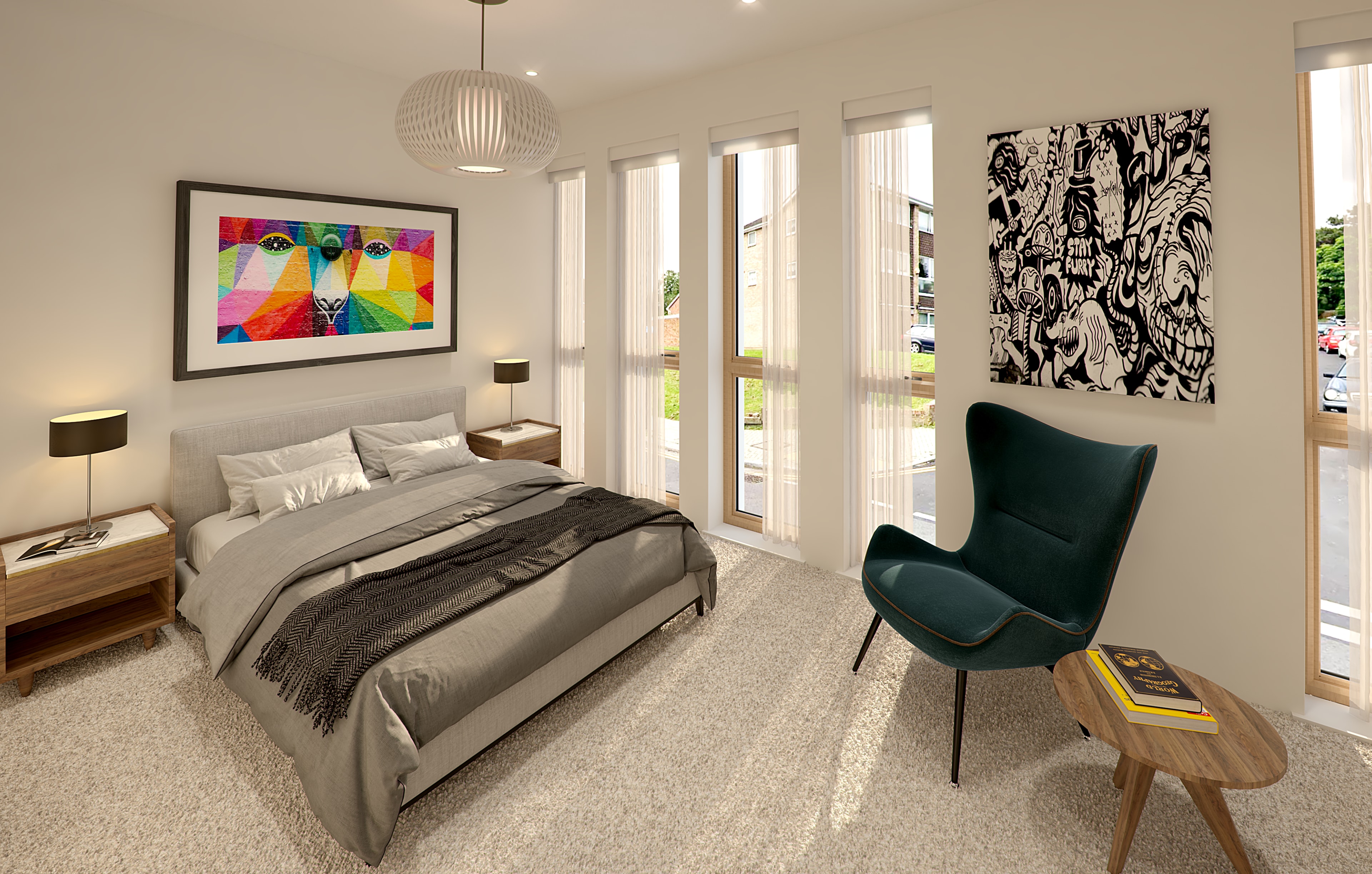 Ravensbourne Park — CGI bedroom interior with full-height windows and park views