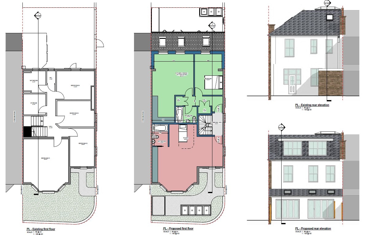 Regina Road — ground floor and first floor plans showing proposed 5-flat conversion layout