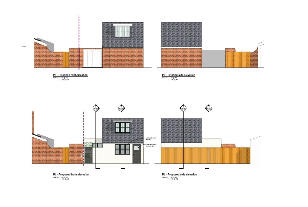 Regina Road — existing and proposed side elevations