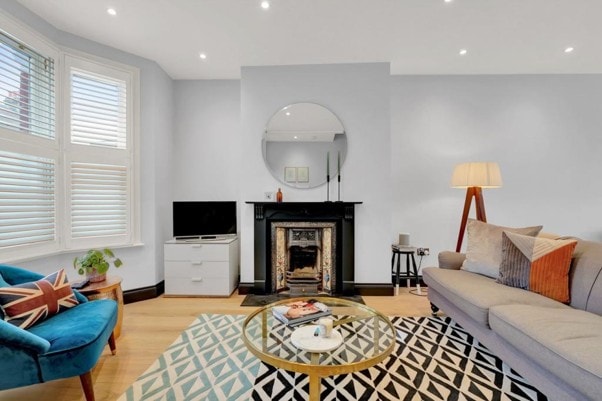 Salisbury Road — living room with fireplace and seating