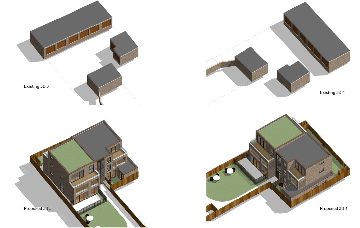 Station Road — 3D massing models showing existing garage site and proposed development